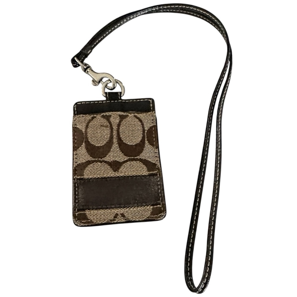 Coach ID & Card Holder Brown Tan Signature Print Long Strap Excellent Condition